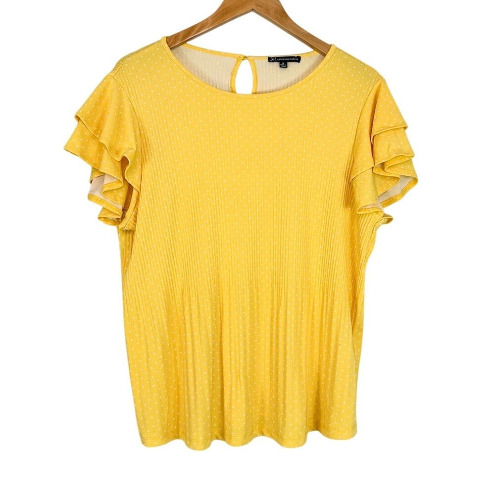 Adrianna Papell Yellow Short Ruffle Sleeve Polka Dot Blouse